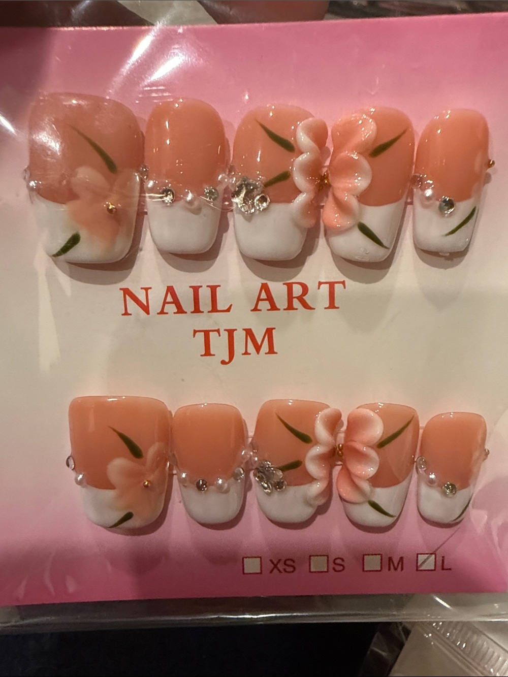 Peach Floral 3D handmade acrylic Press-On Nail Set with Rhinestones